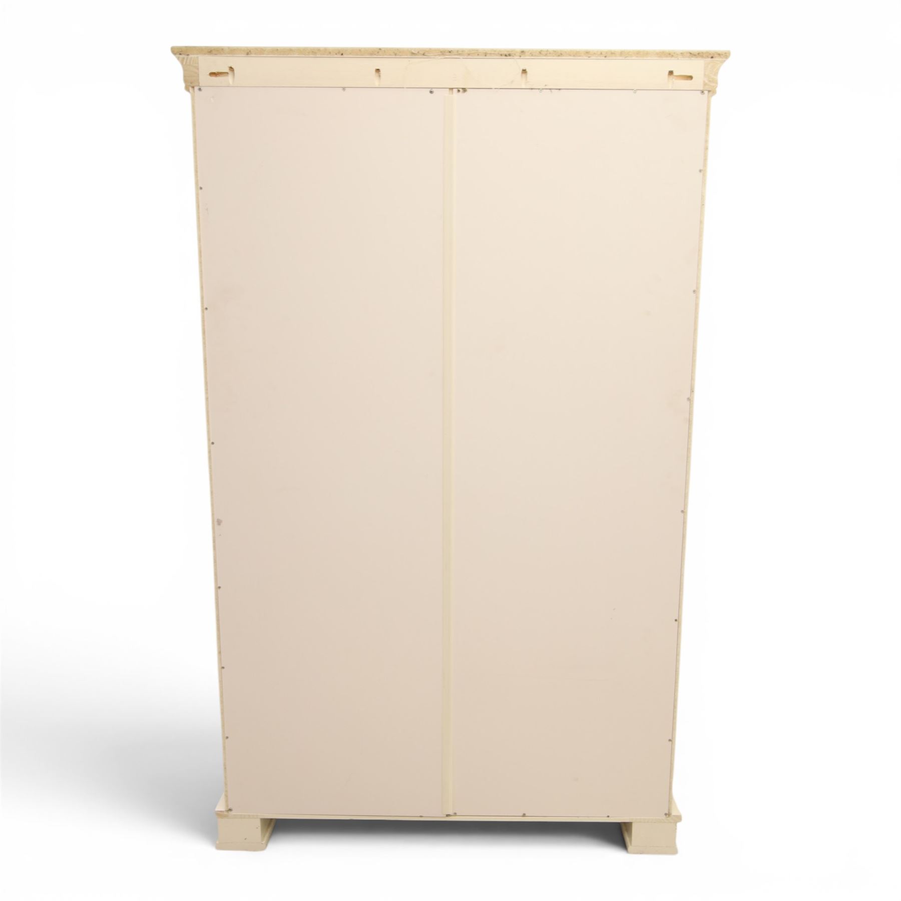 Modern white painted double wardrobe, fitted with two panelled doors, enclosing a hanging rail and shelving, raised on bracket feet