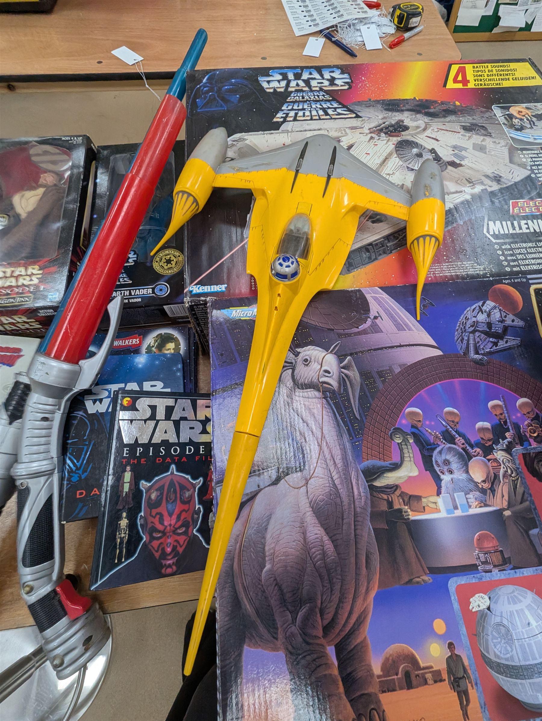 Star Wars figures and playsets, comprising Kenner Millennium Falcon, Galoob Micromachines Death Star, Kenner Dark Vador figure, Kenner Collectors Edition Storm Trooper, kenner Electronic Darth Vader and Hasbro Episode I Qui-Gon Jinn, all boxed and a collection of loose Star Wars figures and vehicles