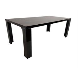 Large American walnut rectangular dining table on square block supports, together with set eight high back dining chairs with cream upholstered seats, the top and chair backs with matching inlaid geometric banding