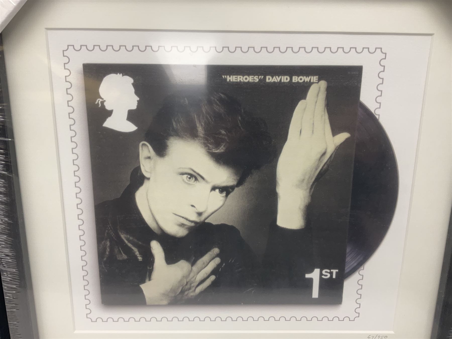 Set of four Royal Mail David Bowie limited edition album stamp prints, comprising Heroes, Ziggy Stardust Tour, Hunky Dory and Let's Dance, all framed and in original packaging, H43cm W43cm
