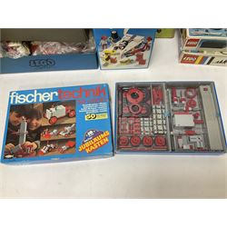 Fischer Technik/Lego/Playmobil - thirteen model building sets comprising eight Fischer Technik sets 50, 50/1, 50v, 50/2, 50+mot1 and two 50S, 50/1 add-on pack, with spare parts packs 01, 03, 05, two 22 and 30; two Lego sets comprising C107 and Lego Systems 103, part-set 870 and 970; Playmobil no.3520 set; four boxes of loose lego, various instruction manuals and a scrapbook 