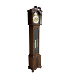 Late 20th century Grandmother clock with a chain driven Westminster chiming movement chiming the hours and quarters on 8 gong rods with strike silent facility, with a brass dial, silvered chapter ring, Roman numerals and pierced steel hands, in a mahogany case with a swans-neck pediment and fully glazed trunk door. With pendulum & three brass cased weights.