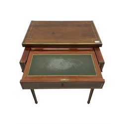 French walnut brass mounted inlaid writing card table, sliding fold over top, fitted compartment with easel dressing mirror