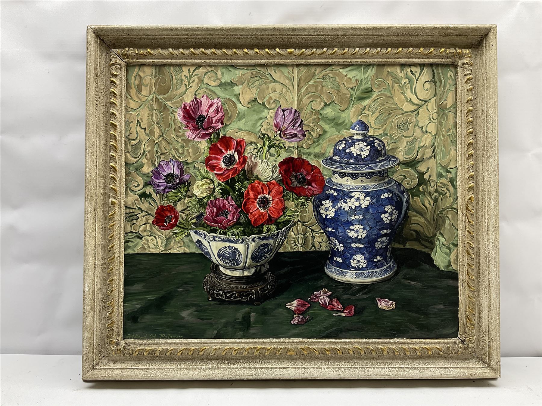 Alfred Hawkins Palmer (British 1905-1984): 'Anemones in a Kangxi Bowl', oil on board signed, titled and signed verso with artist's address 51cm x 61cm