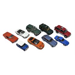 Nine 1:18 scale die-cast models including Ertl Chevrolet; Norev Renault 16; Sun Star Mitsubishi Pajero and Lotus Elan; Motor Max Land Rover Discovery; Road Tough Mercedes Benz 500SL etc; all unboxed (9)