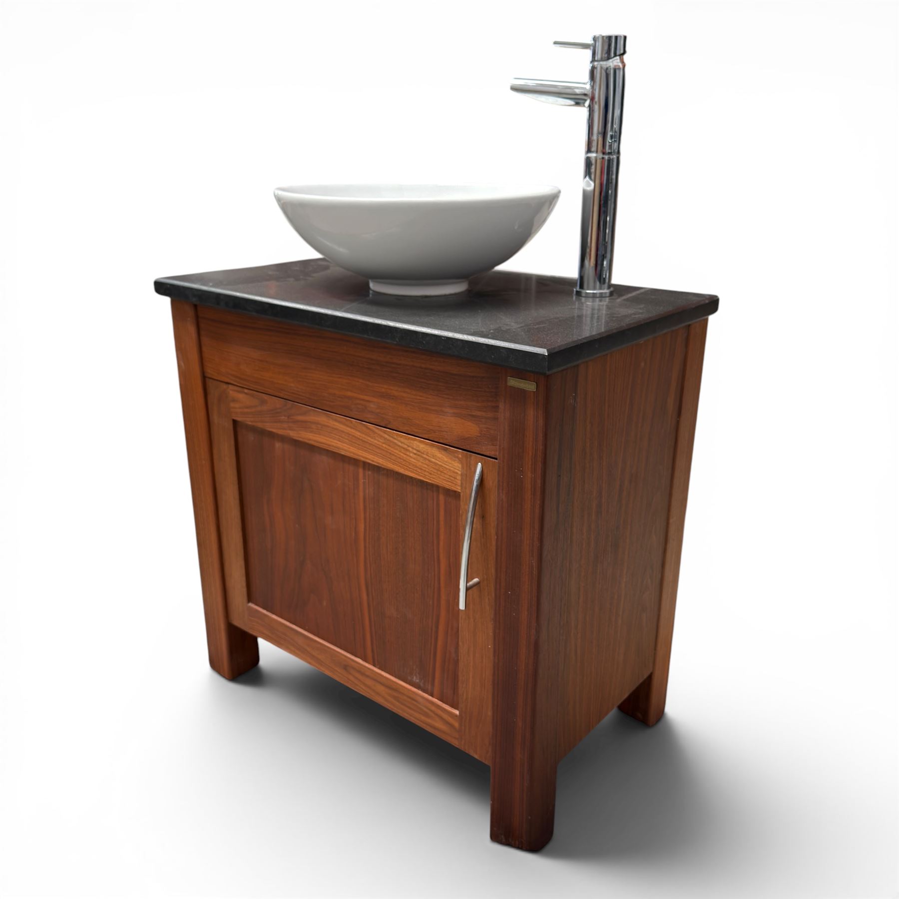 Stone Wood - freestanding wash basin, tap and cupboard with granite top in a dark oak finish