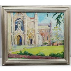 Pamela Chard (British 1926-2003): St Albans Cathedral, oil on board unsigned 49cm x 60cm
Provenance: studio collection of the late William Chard, the artist's husband
Notes: Chard was a British artist and teacher married to fellow artist William Chard (1923-2020). The couple met at the Redfern Gallery in Cork Street, London, and went on to study under several important artists  such as Henry Moore, Ceri Richards, and Vivian Pitchforth. They were both active members of 'The Arts Council of Great Britain', and exhibited with the London Group and Drian Gallery.