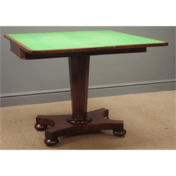  Regency mahogany folding card table, green baize, tapering column on shaped base with bun feet, W92cm, D46cm, H71cm, (unfolded 92cm x 92cm, H71cm)   