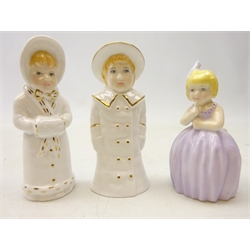  Three Royal Worcester candle snuffers comprising 'Boy with Boater', 'Girl with Muff' and 'Hush' (3)  