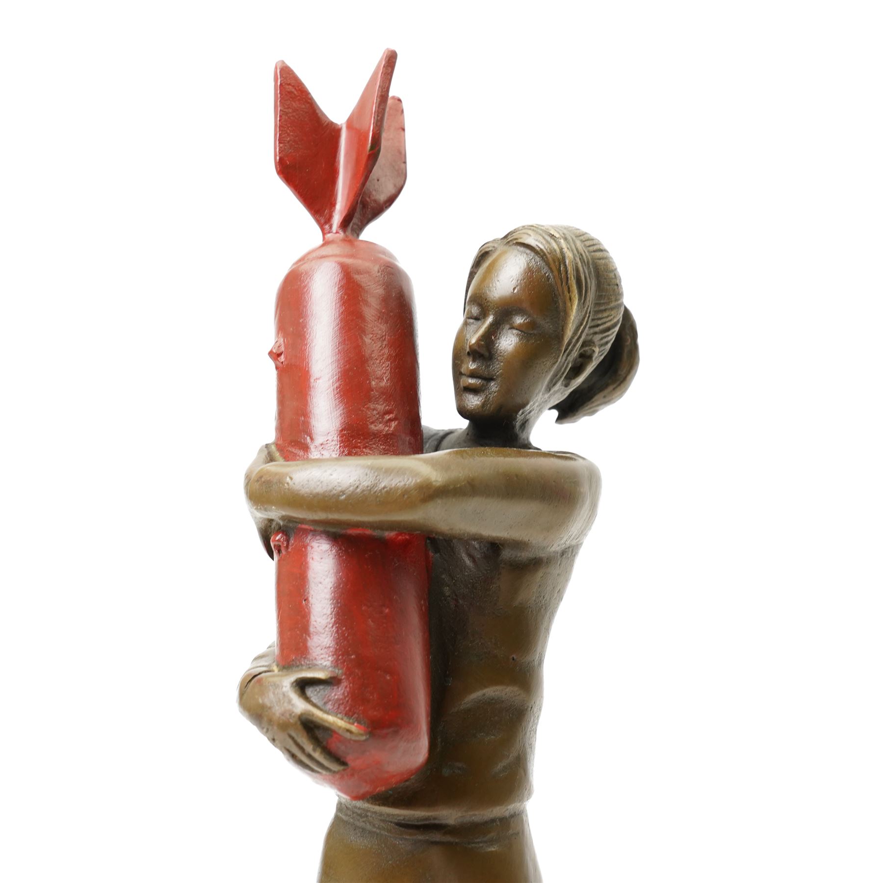 After Banksy - 'Bomb Love', bronze figure of a girl holding bomb, bearing signature, on marble base, overall H32.5cm