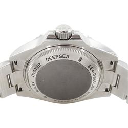 Rolex Oyster Perpetual Date Deepsea Sea-Dweller gentleman's stainless steel automatic wristwatch, circa 2008, Ref. 116660, serial No. V120010, luminous filled dot hour markers, baton quarters and white outer minute divisions, on Rolex Oyster bracelet, with fold-over clasp, boxed with papers