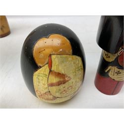 Collection of mid 20th century and later Japanese Kokeshi Dolls, to include Maiko by Torao Hosaka, Sara Vivid blossom by Masea Fujikawa,  Sun Rising by Syusaku and five other examples 