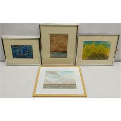 Madeleine Eyland (Belgian/British 1930-2021): Large quantity of small framed abstract pastels, watercolours and mixed media, approx 33 
Provenance: artist's studio collection. Marie-Madeleine Eyland (neé Legrain) was born in 1930 at Floriffoux, Belgium; she lived most of her life in Scarborough working as a nurse and an artist.