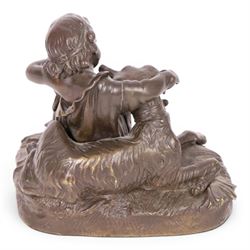 After Auguste Joseph Peiffer, bronzed figure group, Boy with his dog and puppy, H15cm