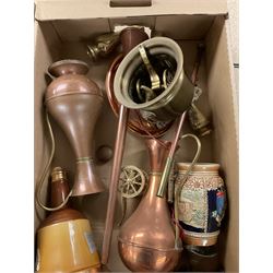 Collection of copper and brass, including copper coaching horn, copper jug, brass chargers etc, in two boxes 
