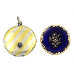 Late 19th/early 20th century Russian 14ct gold blue guilloche enamel brooch set with rose cut diamonds and a blue green stone, St Petersburg mark, stamped 56 and a Russian silver circular hinged locket set with a cabochon sapphire, hallmarked