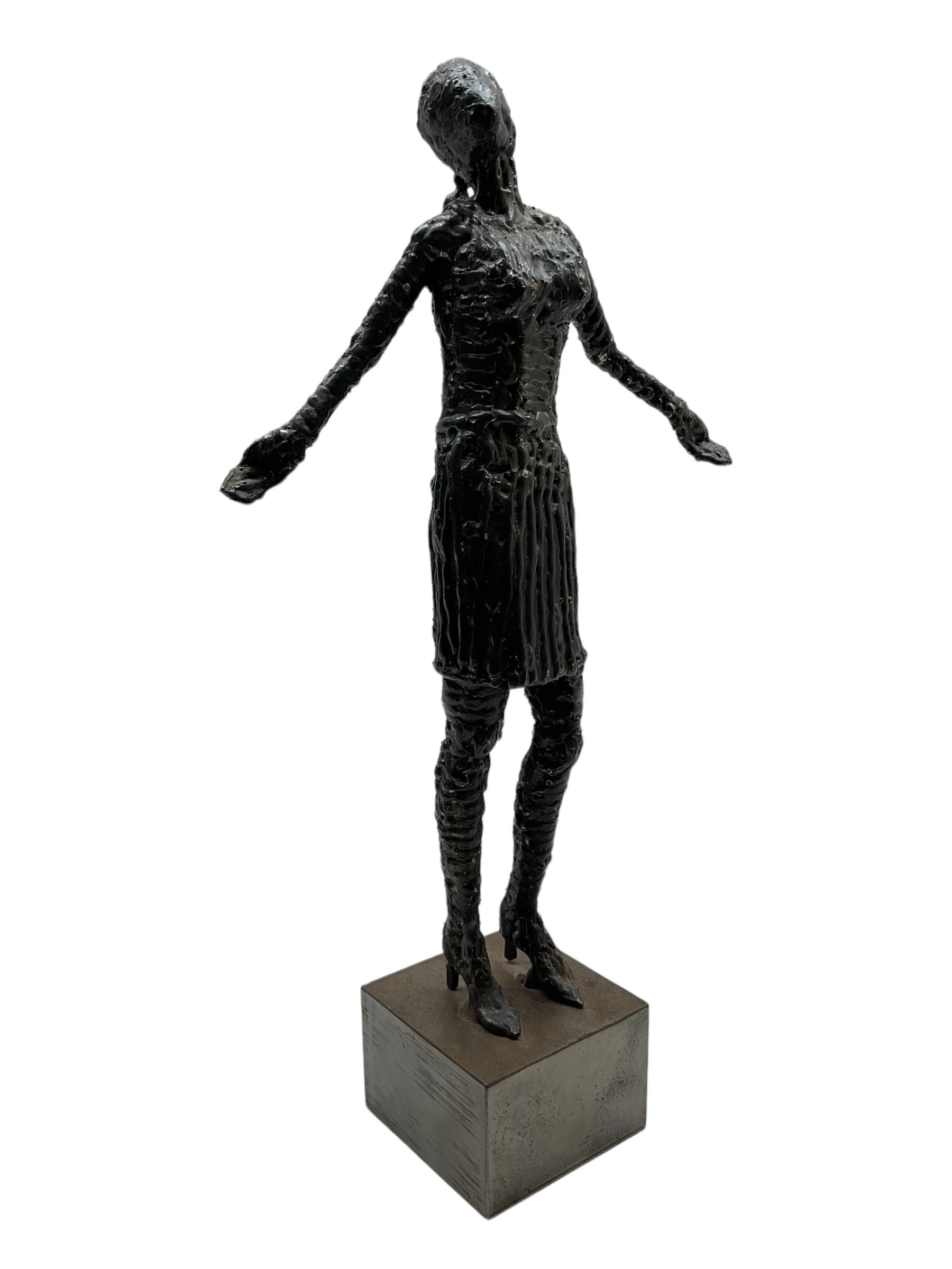 Ray Lonsdale (Northern British 1965-): 'The Ballad of Youths Farewell', steel statuette signed titled and dated 2010 to the base, H37cm including base 
Notes: originally a steel fabricator from Durham, sculpture had always been Ray’s passion, and after winning The People’s Award within the Hanging Jury Competition in Newcastle 2003, he now works as an artist full-time. He is best known for his large-scale public sculptures, such as 'Freddie Gilroy and the Belsen Stragglers' on Scarborough North Bay, 'The Tunney' on Scarborough Pier, 'The Smugglers Apprentice' on Merchants Row, and 'A High Tide in Short Wellies' on the Coble Landing Filey.