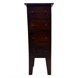 Victorian pine wall-hanging corner cupboard, shaped plinth base (W52cm, H90cm); Victorian narrow chest fitted with four drawers, on tapered supports (W42cm, D38cm, H110cm); mahogany framed bench with upholstered seat, hinged lid enclosing storage (W92cm, H51cm)