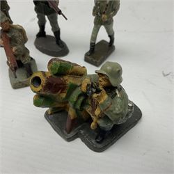 Seven Elastolin German Armys figures, with various weapons including mortar, tallest H9cm 