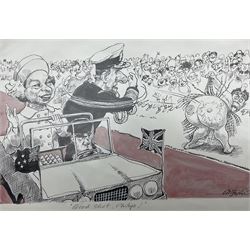 Charles Griffin (British 1946-): 'Good Shot, Philip!' Queen Elizabeth and Prince Phillip New Zealand tour, pen and ink cartoon signed and captioned, 29cm x 41cm (unframed)