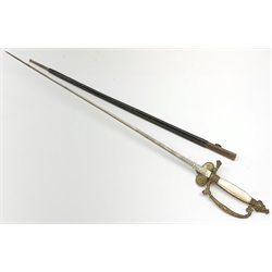 19th century continental dress sword, the 78cm triangular blade with scrolling decoration and battle trophies, cast and pierced brass armorial shell guard, knuckle bow and pommel and mother-of-pearl grip, in leather strengthened scabbard L96cm overall