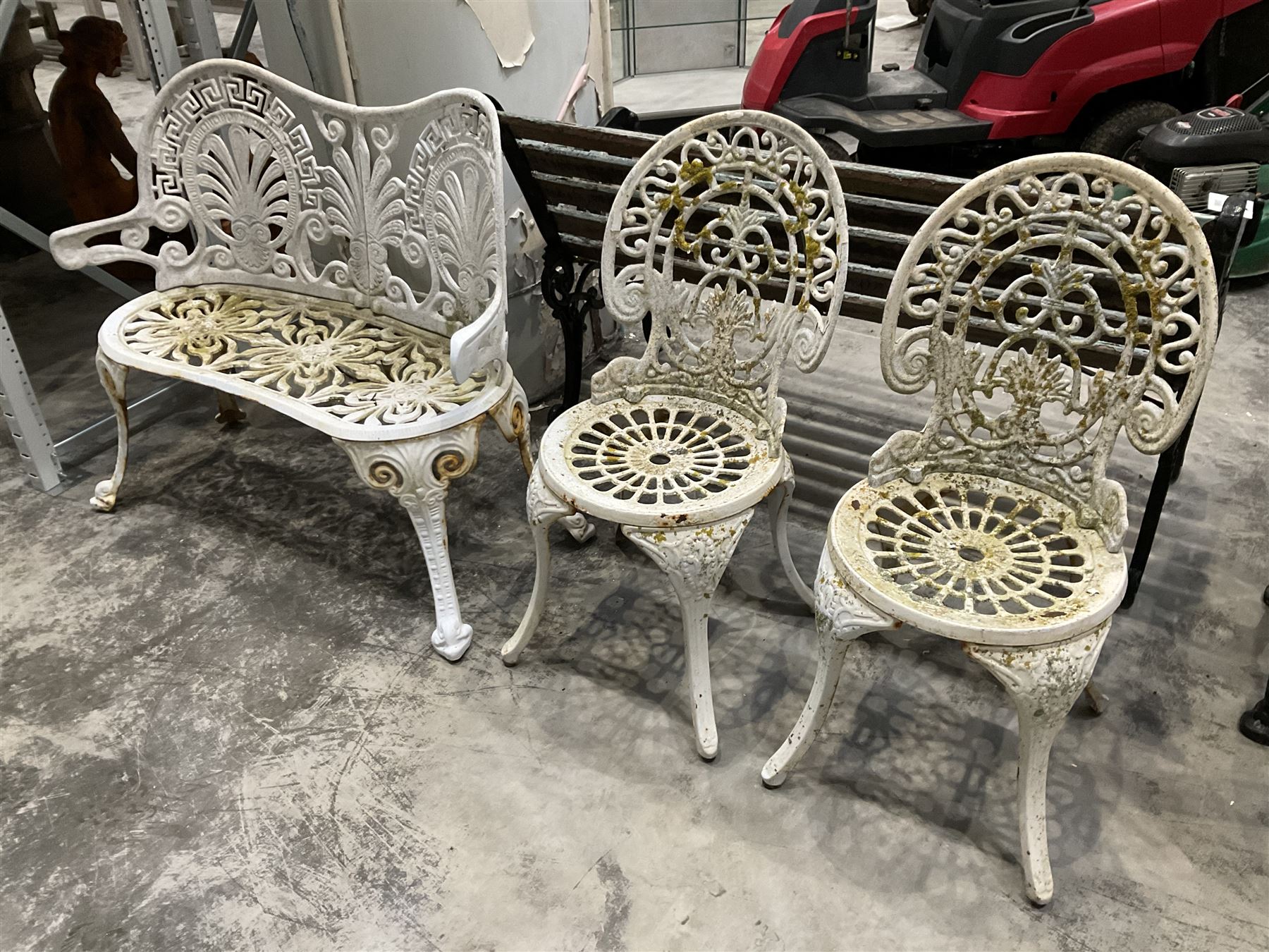 Cast aluminium white painted bench and two chairs - THIS LOT IS TO BE COLLECTED BY APPOINTMENT FROM DUGGLEBY STORAGE, GREAT HILL, EASTFIELD, SCARBOROUGH, YO11 3TX