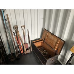 Selection gardening tools and quantity of brass horse cart hub caps and spanners in a wooden trunk  - THIS LOT IS TO BE COLLECTED BY APPOINTMENT FROM DUGGLEBY STORAGE, GREAT HILL, EASTFIELD, SCARBOROUGH, YO11 3TX