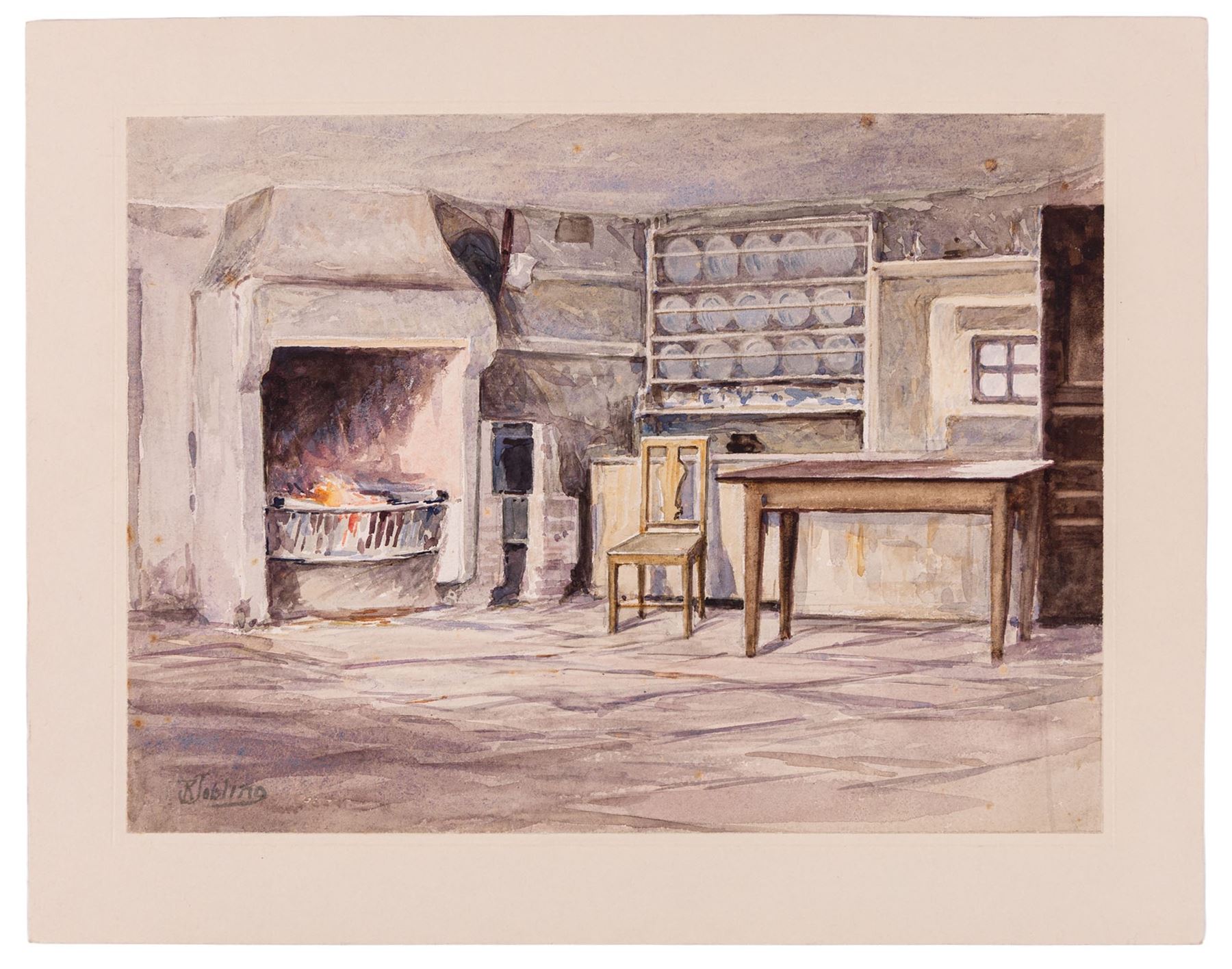 Robert Jobling (Staithes Group 1841-1923): Cottage Interior, watercolour signed 24cm x 32cm (mounted)