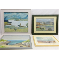  Loch Scene, 20th century oil on board by attributed to David Speir verso 49cm x 59cm, Flamborough, 20th century oil signed C H Jackson Dartmoor, watercolour signed G Trevor and Wastwater, Lake District, pastel signed by Alsop (4)  