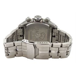 Jaguar gentleman's stainless steel chronograph quartz limited edition wristwatch, Ref. J654, silvered dial with triple register recording hours, minutes and continuous seconds and date aperture, on original stainless steel strap, with fold-over clasp
