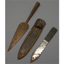  Two Zulu iron spear heads decorated with dot and scrollwork, L29cm, and iron axe-head, nine barbed head arrows in quiver, a small knife, blade stamped William Rodgers 'I Cut my Way' in leather scabbard, and four photographic Post Cards of Zulu Natives,  qty  