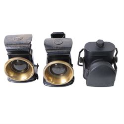 Bicycle lamps and similar, including three WWII black out lanterns, two by Joseph Lucas Ltd, the other by H.M & Co Ltd, all with broad arrows, three further Lucas bicycle lamps including two oil lamps and a carbide lamp