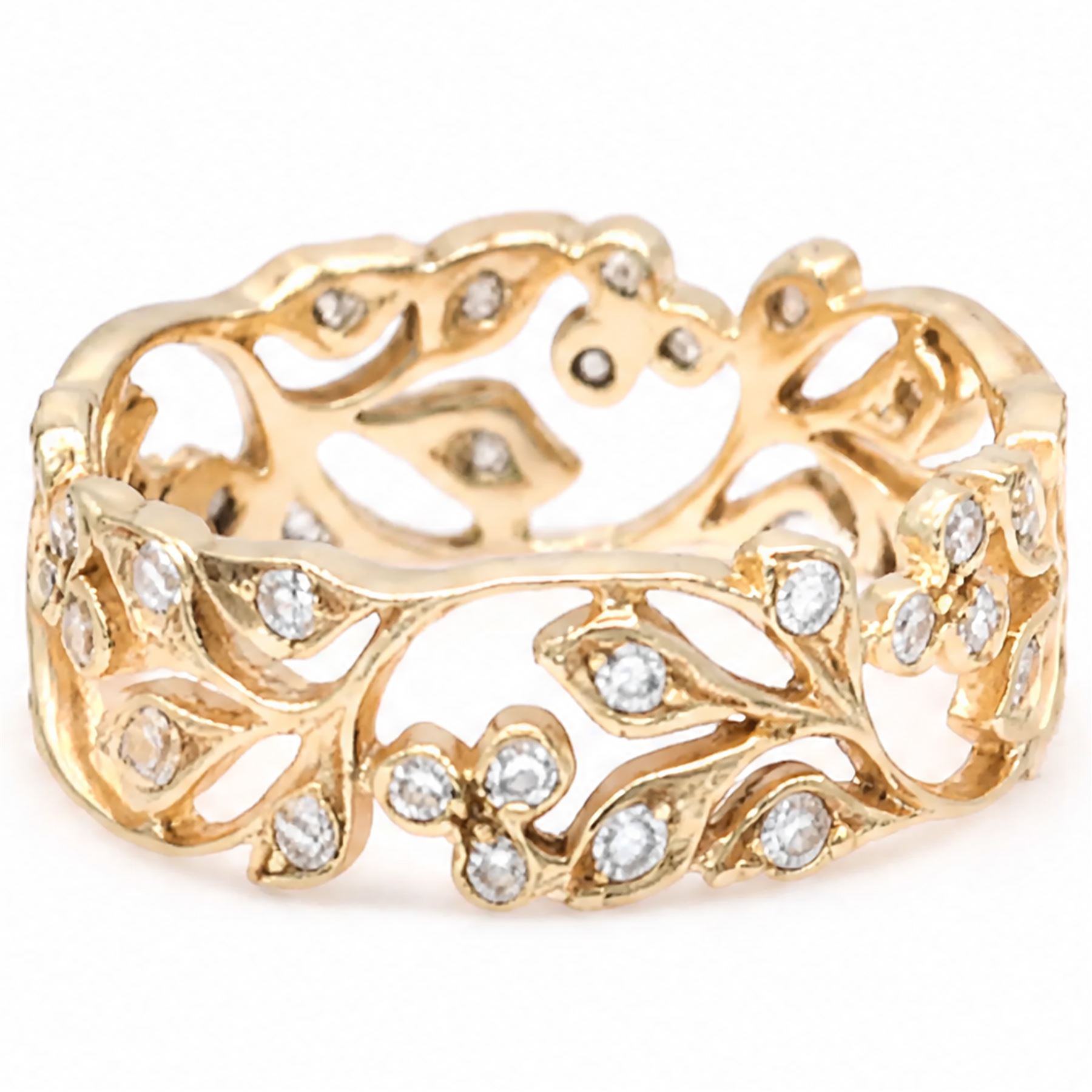 18ct rose gold diamond floral band, milgrain and pierced set with round cut diamonds, stamped 750