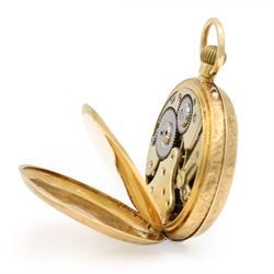 Edwardian 18ct gold open face keyless lever fob watch, white enamel dial with Arabic hour markers and subsidiary seconds dial, engraved foliate case, London import mark 1907