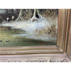 A Wilkow (Polish 19th/20th Century) Blacksmith's Workshop in a Winter Landscape, oil on canvas signed 71cm x 97cm in heavy ornate plaster gilt frame