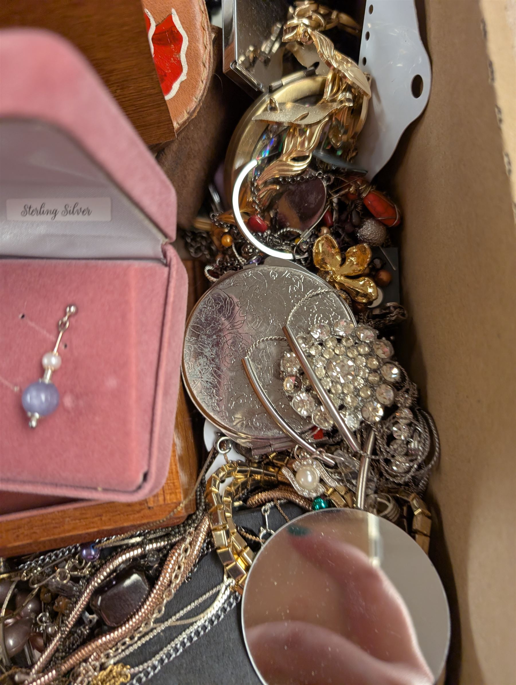 Silver earrings, including three boxed pairs, costume jewellery, compact mirrors and three jewellery boxes