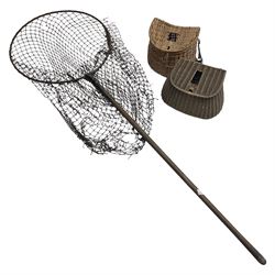 Fishing tackle and accessories housed in two wicker creels, including a landing net, fly tin, small brass reel, other reels to include two Intrepid Boy'o examples, crab lines etc 