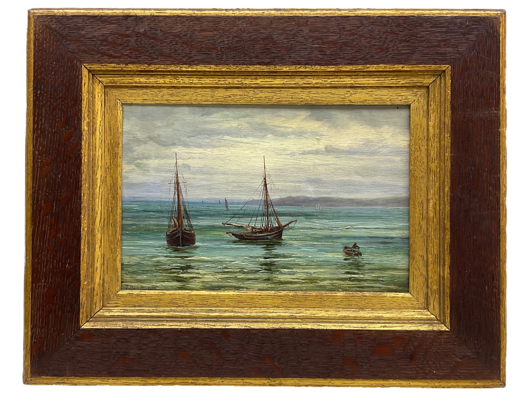 Thomas Barrett (Staithes Group 1845-1924): 'Clovelly Fishing Boats', oil on canvas signed and dated 1879, titled on label verso 14cm x 22cm