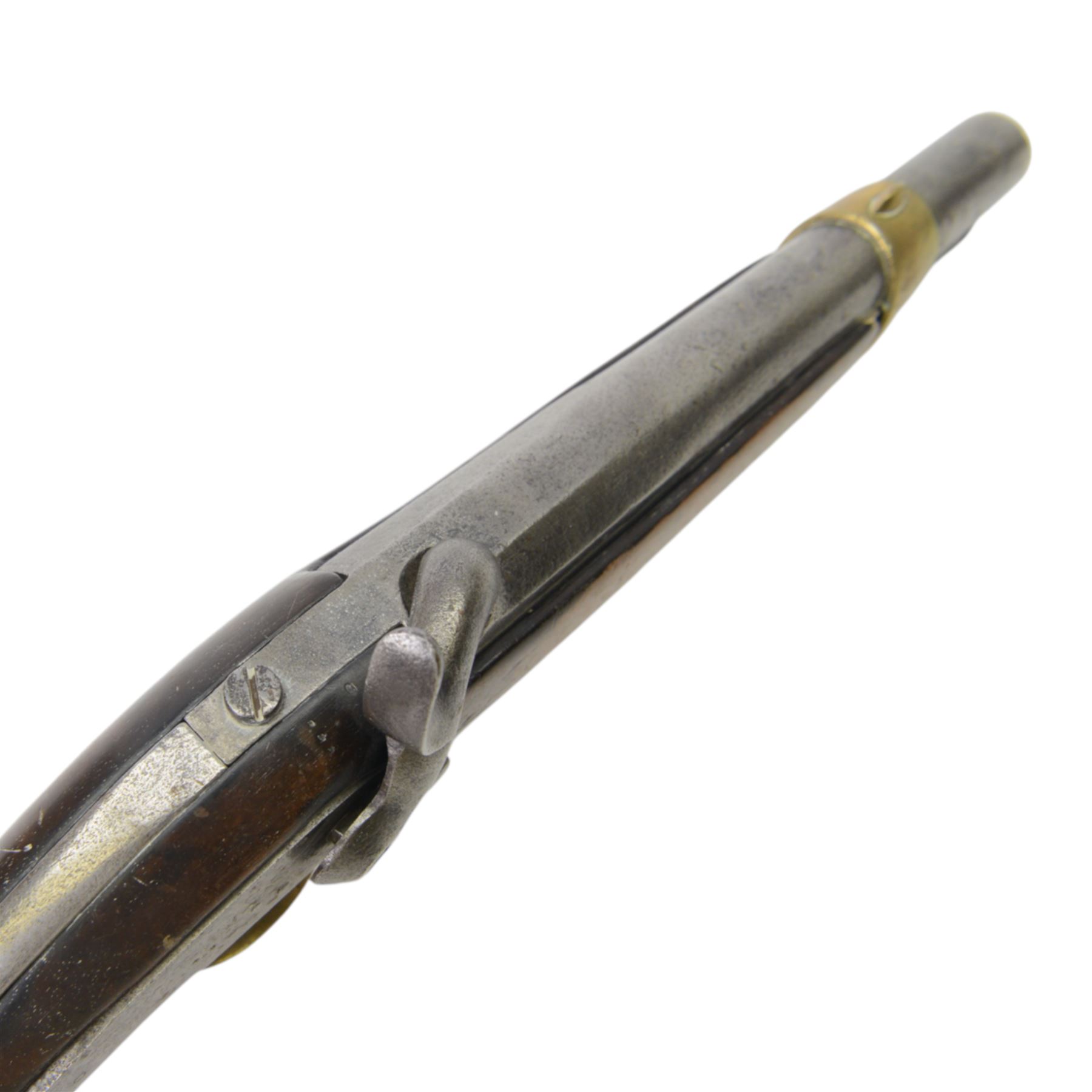 19th century percussion pistol, with round 22cm unsighted barrel with octagonal base, backwards spring lock signed 'PIRLOT FRERES LIEGE'; wooden full stock with brass mounts, belt hook, overall L36cm