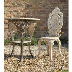 Victorian white painted cast iron garden chair, the figural cartouche back above an openwo...
