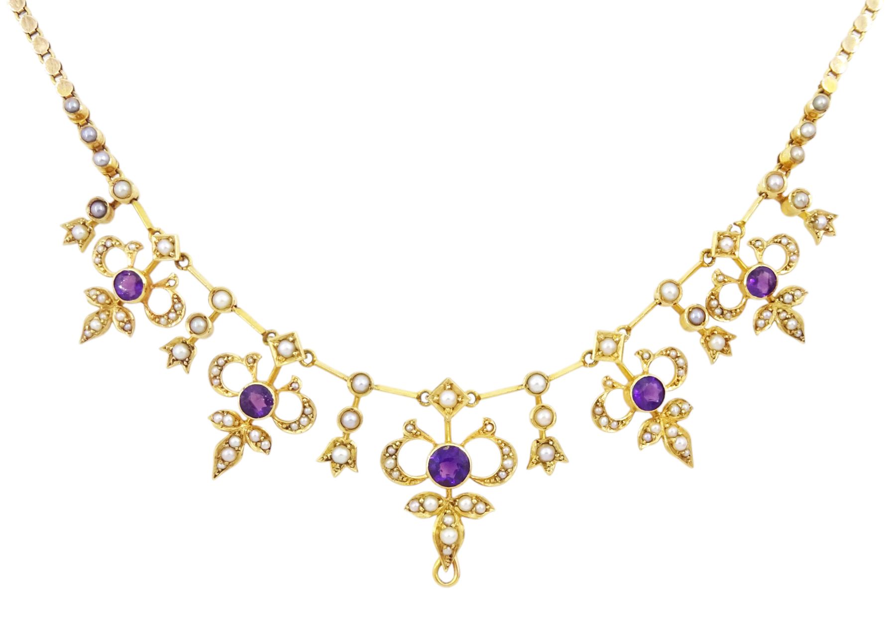 Edwardian 15ct gold amethyst and split pearl necklace