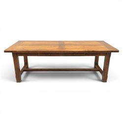 Country pine draw leaf table, bench seat and six chapel chairs, the top of plank construction, with two frieze drawers, additional leaves extending to 320cm, with bench seat and six elm chapel seats