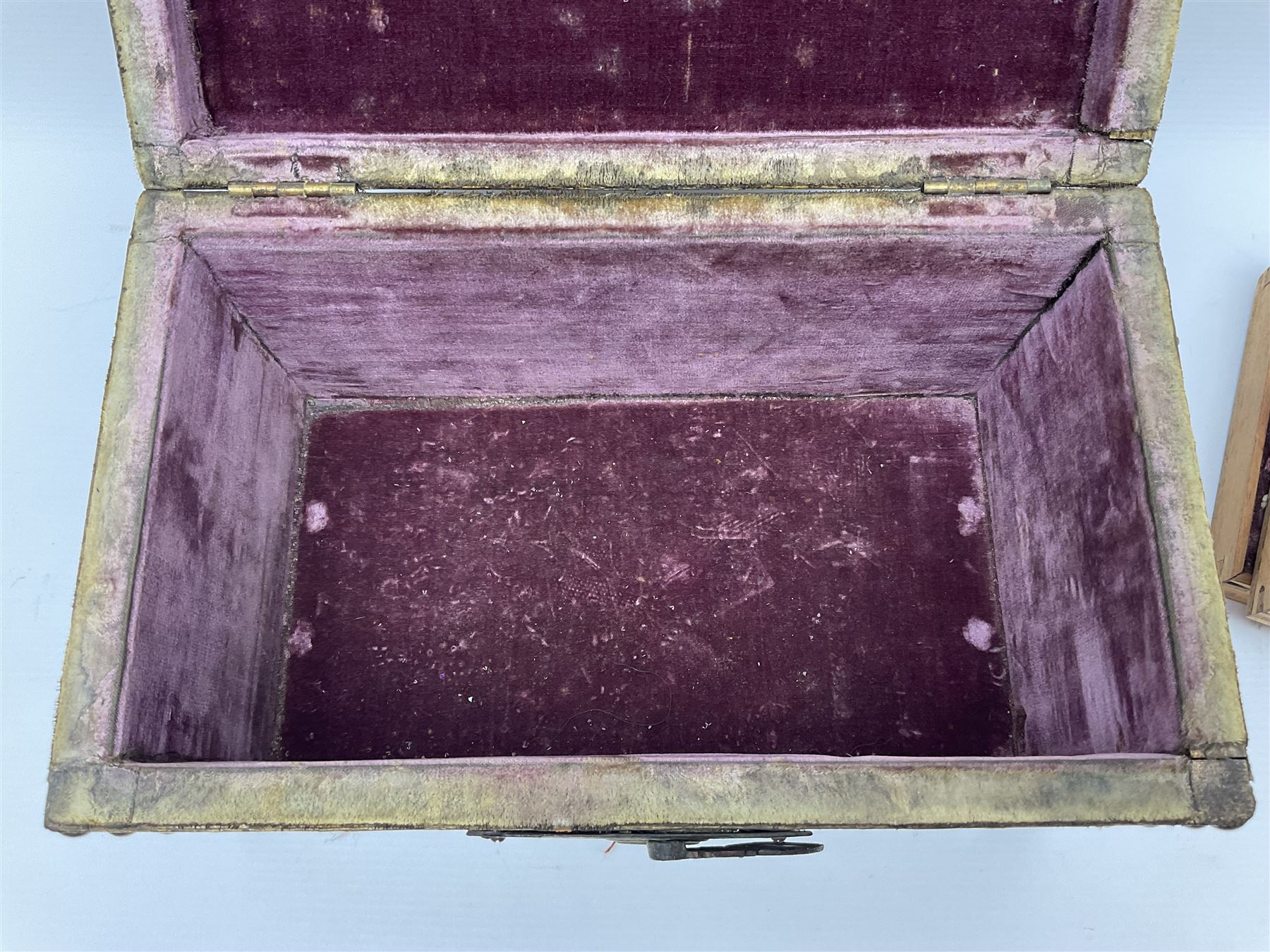 20th century box, decorated in faux leather with the royal coat of arms and GR 1719 to hinged cover, with fleur-de-lis, lion, crown and rose motifs throughout and studs to all edges, opening to reveal a purple velvet interior containing three removable wooden trays, H18.5cm