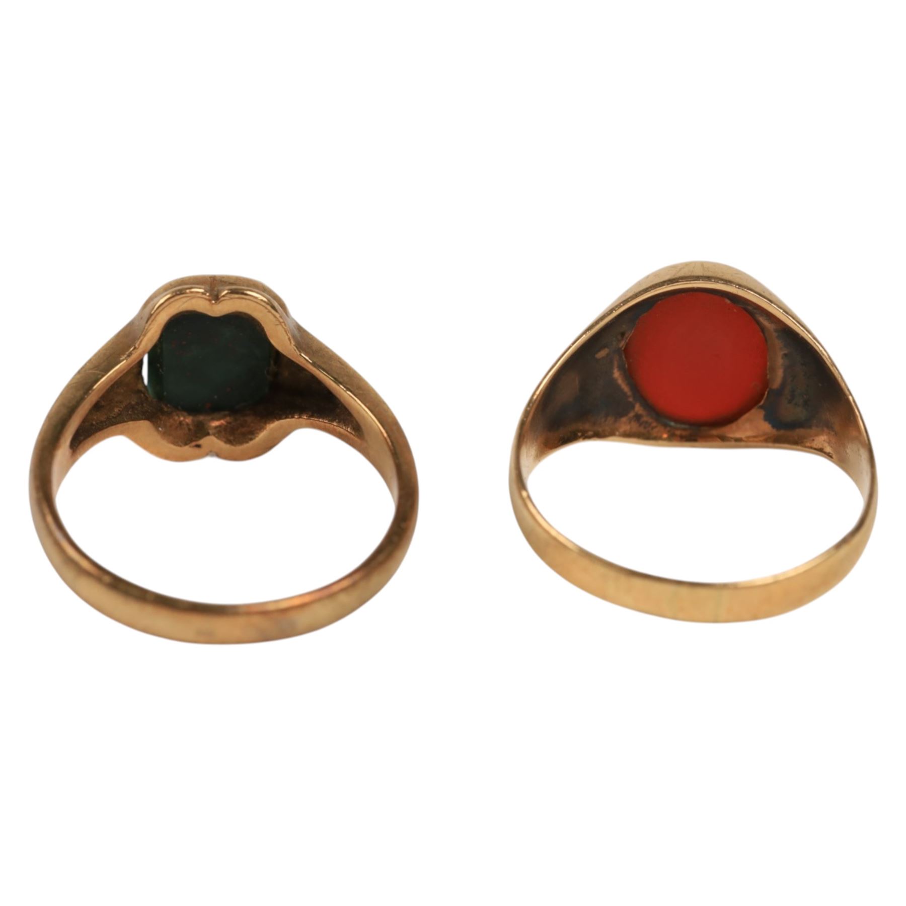 Two 9ct gold stone set signet rings, both hallmarked