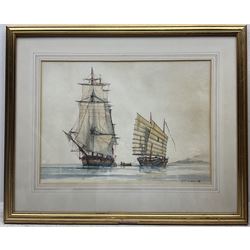 J Terry Culpan (British 20th century): 'Searching for Pirates' and 'Frigate Heaving to Meet Supply Ship', pair watercolours signed, titled verso 26cm x 37cm (2)