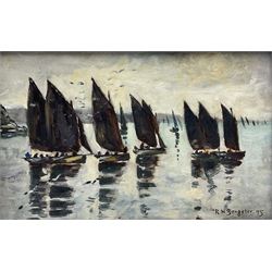 R H Sangster (Late 19th century): Cornish Fishing Boats Setting out to Sea, oil on board signed and dated '95, 18cm x 29cm