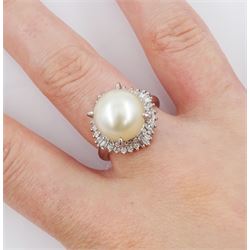 Platinum single stone cultured pearl and diamond cluster ring, stamped, total diamond weight approx 0.50 carat