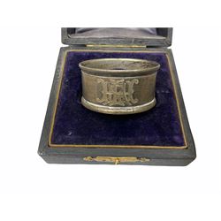 Pair of silver salts, with glass blue liners by John Rose, silver napkin ring cased and a silver vesta case, all hallmarked, silver amethyst brooch stamped and a collection of vintage and later costume jewellery