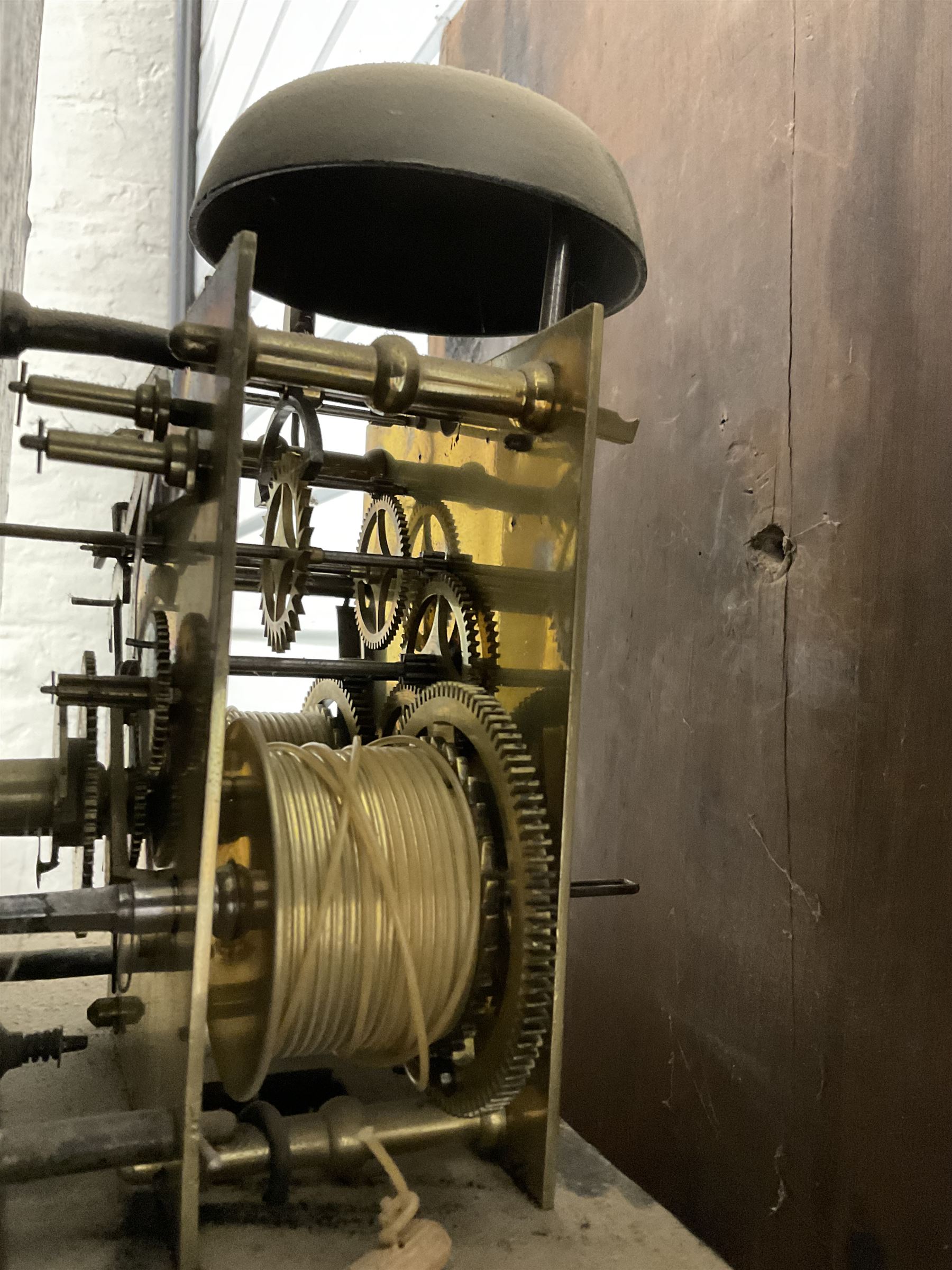 Richardson of Selby - late 19th century oak and mahogany longcase clock c 1860, with a swan necked pediment and brass paterie, break arch hood door flanked by ring turned pilasters,  oak trunk with crossbanding and a small inlaid trunk door, tall plinth with panel inlay with a shaped base,
painted dial with depictions of matching farm animals to the spandrels and a dog and small child to the arch, with Roman numerals, minute track, stamped brass hands, calendar aperture and seconds dial, weight driven rack striking movement, striking the hours on a bell. With weights and pendulum.