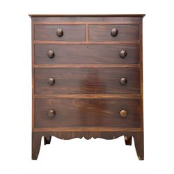 Victorian mahogany chest, rectangular top with moulded edge over two short and three long cockbeaded graduated drawers, on shaped bracket feet